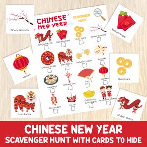 Búsqueda del tesoro del Año Nuevo chino con cartas para esconder - Búsqueda del tesoro en interiores y exteriores - Juego imprimible para niños - Actividad de fiesta del Año Nuevo Lunar