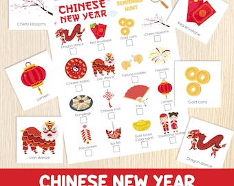Chinese New Year Scavenger Hunt With Cards To Hide - Indoor Outdoor Treasure Hunt - Printable Game for Kids - Lunar New Year Party Activity