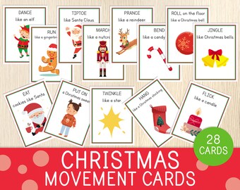 Tarjetas de movimiento navideñas - Juegos navideños - Pausas activas para niños pequeños, preescolares y de jardín de infantes - 28 tarjetas de movimiento para festividades, desarrollo de la motricidad gruesa