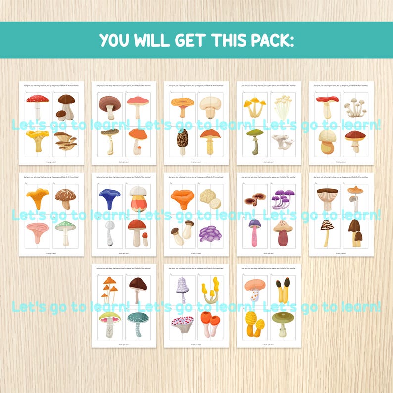 May include: A collection of illustrated flashcards featuring various types of mushrooms. Each card displays a different mushroom with its name. The text "YOU WILL GET THIS PACK:" and "Let's go to learn!" are visible.
