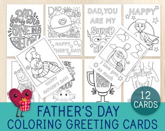 May include: Twelve black and white coloring cards featuring Father's Day greetings. The cards include illustrations of a superhero, a trophy, a heart, a hug, and a space alien. The text on the cards includes "Dad, you are my super hero", "Happy Father's Day", "I love you so much", "Best Father Ever", and "Dad, you are one in a melon".