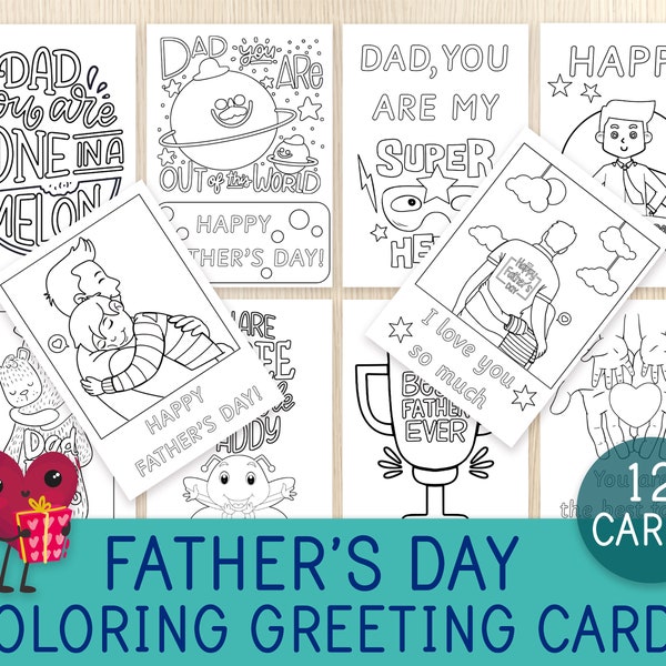 Father's Day Coloring Greeting Cards, 12 Cards  For Dad, Daddy, Craft for Kids, Printable Coloring Cards, DIY Cards, Gift for Dad, No Prep