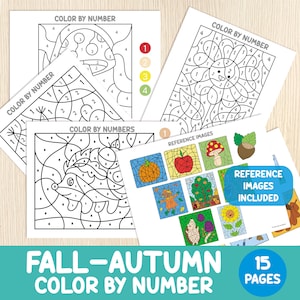 Pode incluir: Uma coleção de páginas de atividades "Colorir por números" com tema de outono. As páginas apresentam ilustrações de um cogumelo, um ouriço e um girassol. Uma folha de imagens de referência está incluída. O texto "FALL-AUTUMN COLOR BY NUMBER" é exibido.