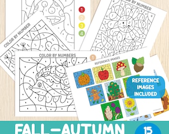 Fall Autumn Color by Number Worksheets - Seasonal Coloring Pages for Kids - Autumn Activity Pack - Preschool, Kindergarten - Numbers