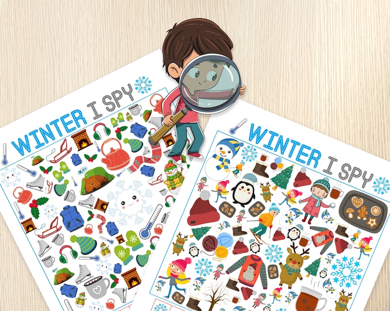 May include: Two printable "Winter I Spy" activity sheets with illustrations of winter-themed objects. The sheets are in black and white with colorful illustrations. The top sheet features a snowman, a penguin, a reindeer, a Christmas tree, and a snowflake. The bottom sheet features a teapot, a snowman, a pair of mittens, a snowflake, and a thermometer.