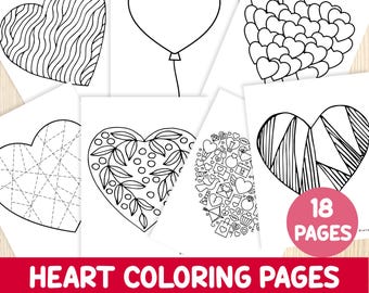 May include: A set of 18 black and white heart-shaped coloring pages for Valentine's Day. The pages feature different designs, including a heart balloon, a heart made of smaller hearts, and a heart with a floral pattern.