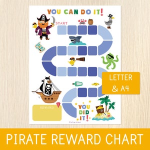 Quadro de recompensas de piratas - Quadro de adesivos - Crianças pequenas, pré-escolares - Carta e A4 - Quadro de treinamento para usar o penico - Quadro de comportamento para impressão - Quadro de metas