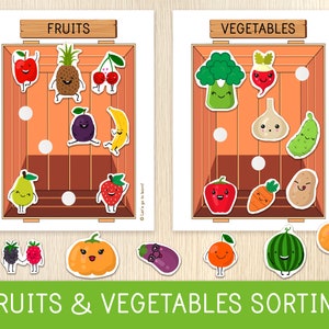 Actividad de clasificación de frutas y verduras - Hojas de trabajo para preescolar - Carpeta de aprendizaje para niños pequeños - Juego de correspondencias, páginas de libros de actividades, material imprimible para educación en el hogar
