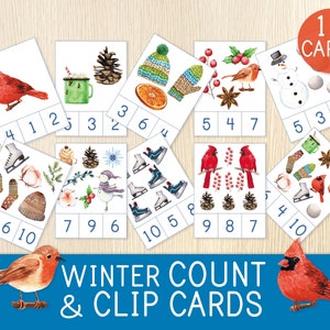 Winter Count & Clip Number Cards 1-10 - Attività per bambini piccoli e in età prescolare - Gioco di matematica - Carte di conteggio - Flashcard numeriche - Homeschool