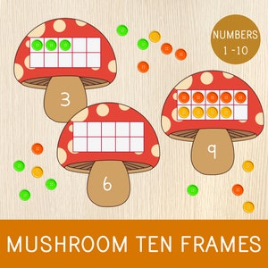 Mushroom Ten Frames, Fall Activity, Autumn Game, Number Mats, Playdough Mats, Preschool, Math Centers, Homeschool, Educational Printable