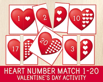 Valentine's Day Counting Activity - Valentines Day Number Matching - Math Worksheets - Heart Puzzles - Preschool Educational Game