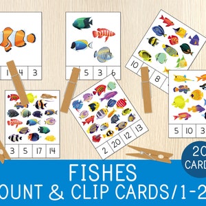 Kaarten tellen en knippen - Vissen tellen - Flashcards voor peuters en kleuters - Educatief zomerspel - Leren tellen - Rekencentra