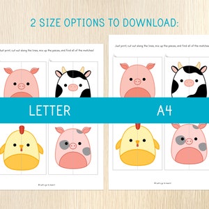 May include: Two printable worksheets for kids to cut out, mix up, and match farm animal images. The first sheet is letter size and the second sheet is A4 size. The images include a pig, cow, chicken, and a pig with spots.