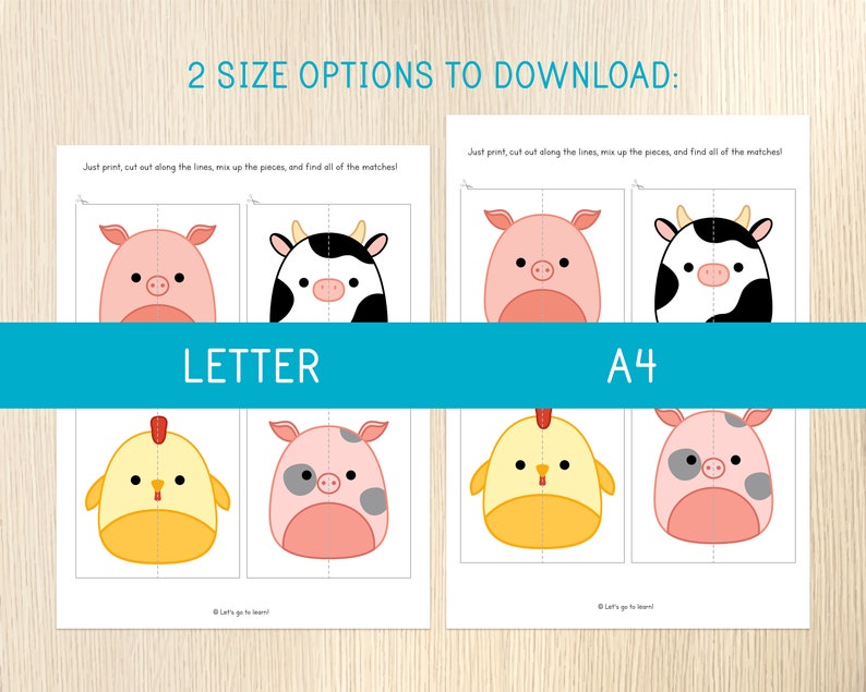 May include: Two printable worksheets for kids to cut out, mix up, and match farm animal images. The first sheet is letter size and the second sheet is A4 size. The images include a pig, cow, chicken, and a pig with spots.