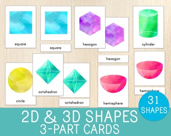 Shapes 3-Part Cards, 2D & 3D Figures, Nomenclature Cards, Montessori Style, Maths, Geometry, Preschool, Kindergarten, Homeschool, Watercolor