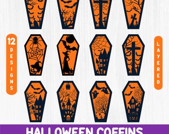 Halloween Coffins SVG Bundle, Spooky Halloween Cut Files, Coffins Clipart, Halloween Decor, Scary PNG Coffins, Layered Svg, Sublimation
