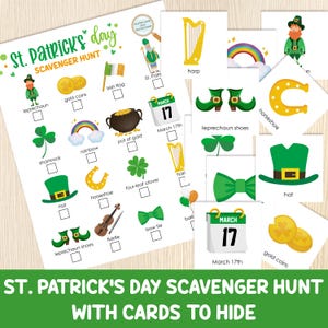 Chasse au trésor de la Saint-Patrick avec des cartes à cacher - Jeu de chasse au trésor intérieur et extérieur - Activité à imprimer pour les enfants - Fête de la Saint-Patrick