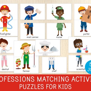 Beroepen bijpassende activiteit, 52 puzzels, banen, communityhelpers, Labor Day Game, kleuterschool, kleuterschool, centra, educatief afdrukbaar