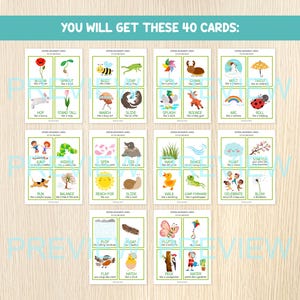 May include: A collection of 40 spring-themed movement cards, each with a unique illustration and descriptive text. The cards depict actions like "Bloom," "Leap," and "Twist," accompanied by images of flowers, animals, and weather. The text "You will get these 40 cards" is at the top.