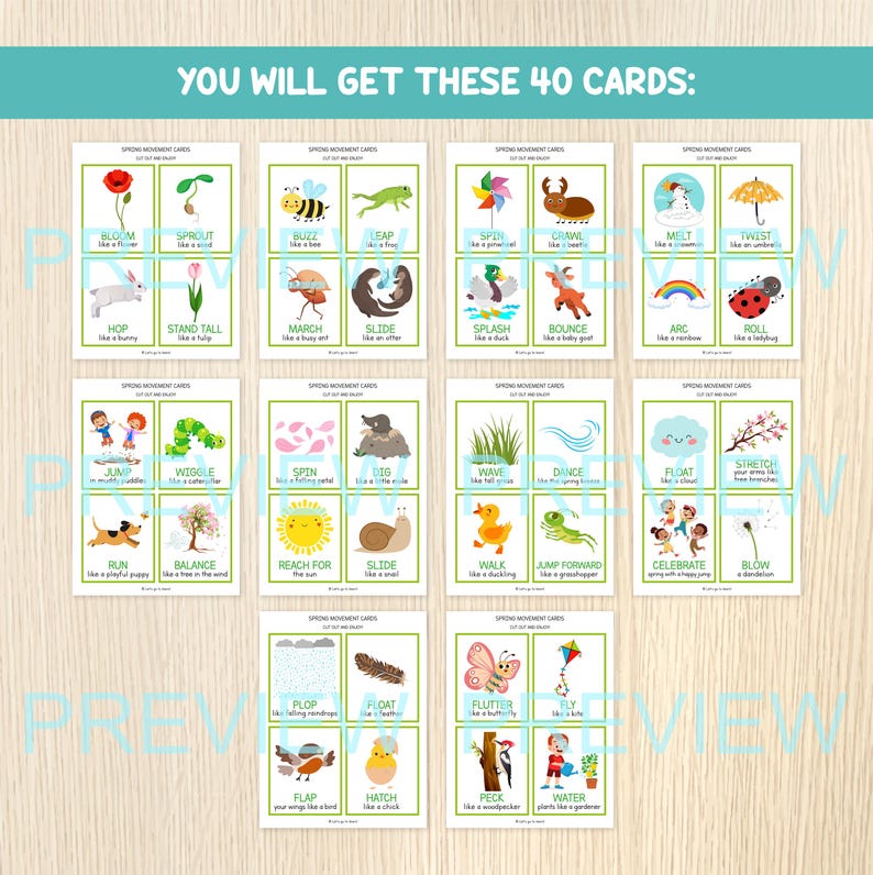 May include: A collection of 40 spring-themed movement cards, each with a unique illustration and descriptive text. The cards depict actions like "Bloom," "Leap," and "Twist," accompanied by images of flowers, animals, and weather. The text "You will get these 40 cards" is at the top.