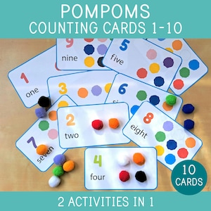 Zählen und Ausmalen mit Pompoms, Zahlen 1-10, passende Farben, Kleinkind, Vorschul-Mathe, Feinmotorik, lern- und druckbar