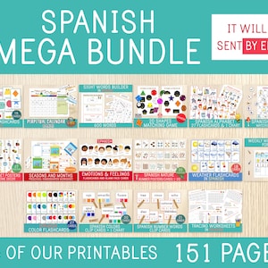 Spanish MEGA BUNDLE, Spanish Worksheets, Flashcards, Calendar, Alphabet, Literacy Activities, Classroom Decor, Preschool, Kindergarten