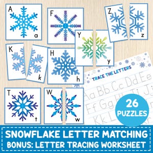 Puede incluir: Un conjunto de tarjetas de emparejamiento de letras con copos de nieve que muestran letras A, F, H, K, T, W, Y y Z en degradados azules y verdes. Incluye una hoja con el texto TRACE THE LETTERS y 26 PUZZLES.