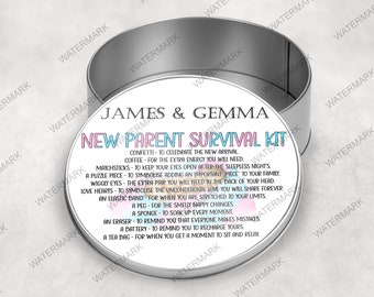 Personalised New Parents Survival Kit Tin, Gift for her, Gift for him, New parent Gift, New born Gift, Baby Gift