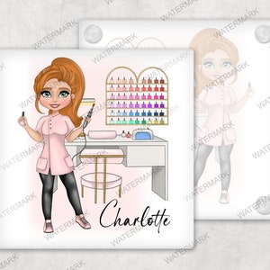 May include: Illustration of a young woman with red hair standing in a nail salon. She is wearing a pink uniform and black trousers. She is holding a nail file in one hand and a nail drill in the other. There is a nail polish rack behind her with many different colours of polish. The salon has a white counter and a gold chair. The text "Charlotte" is written below the image.