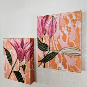 Pink Lilies Two Original Gallery Wrapped Oil Paintings on Canvas Gift for Mom