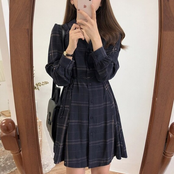 Dark Academia Clothing Plaid A-line Modest Dresses With Belt - Etsy