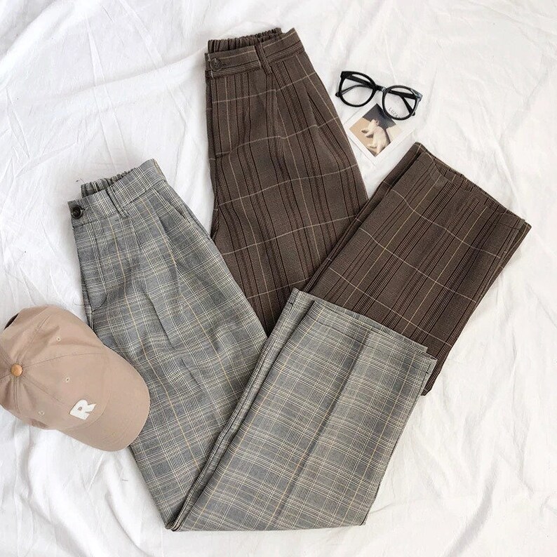 Vintage Dark Academia Clothing Spring Plaid High Waist Woman Pants For Woman, Feeling High Wide Leg Long Suit Harem Pants For Ladies 