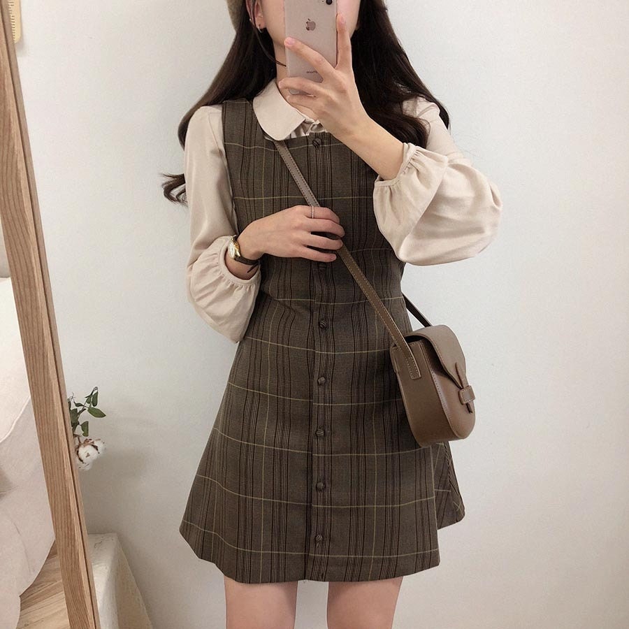 Dark Academia Wool Plaid Dress with Belt Dark Academia Fashion