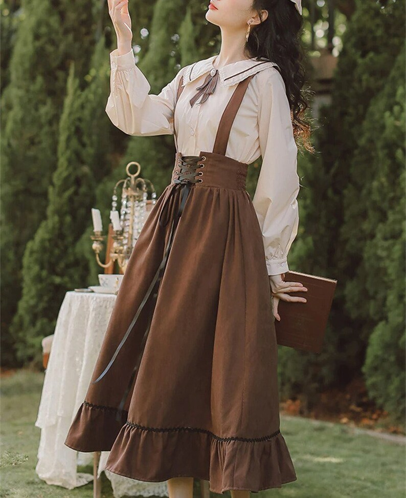 Dark Academia Clothing Long Midi Suspender Renaissance Skirt For Girls , Cottagecore Clothing Cute Lace-Up High Waist Ruffle A-Line Skirts 