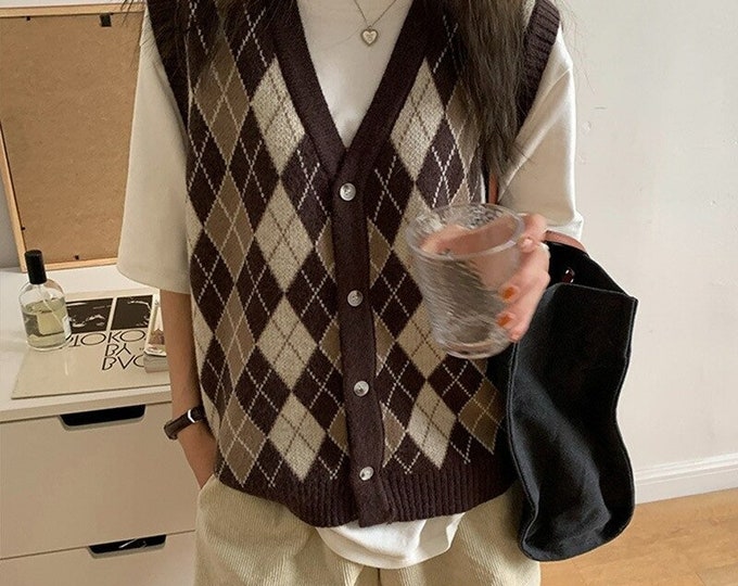Light Academia Clothing Knitted V-neck Argyle Sweater Vest for Woman ...