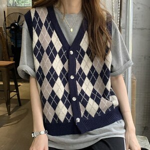 Light Academia Clothing Knitted V-neck Argyle Sweater Vest for - Etsy
