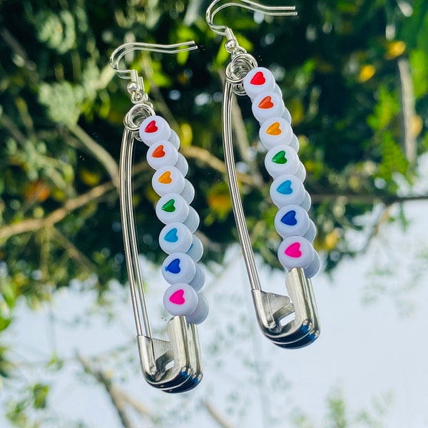 Rainbow Heart Safety Pin Earrings | Silver Large Safety Pin Earrings | Hypoallergenic Alternative Fashion | Beaded Safety Pins