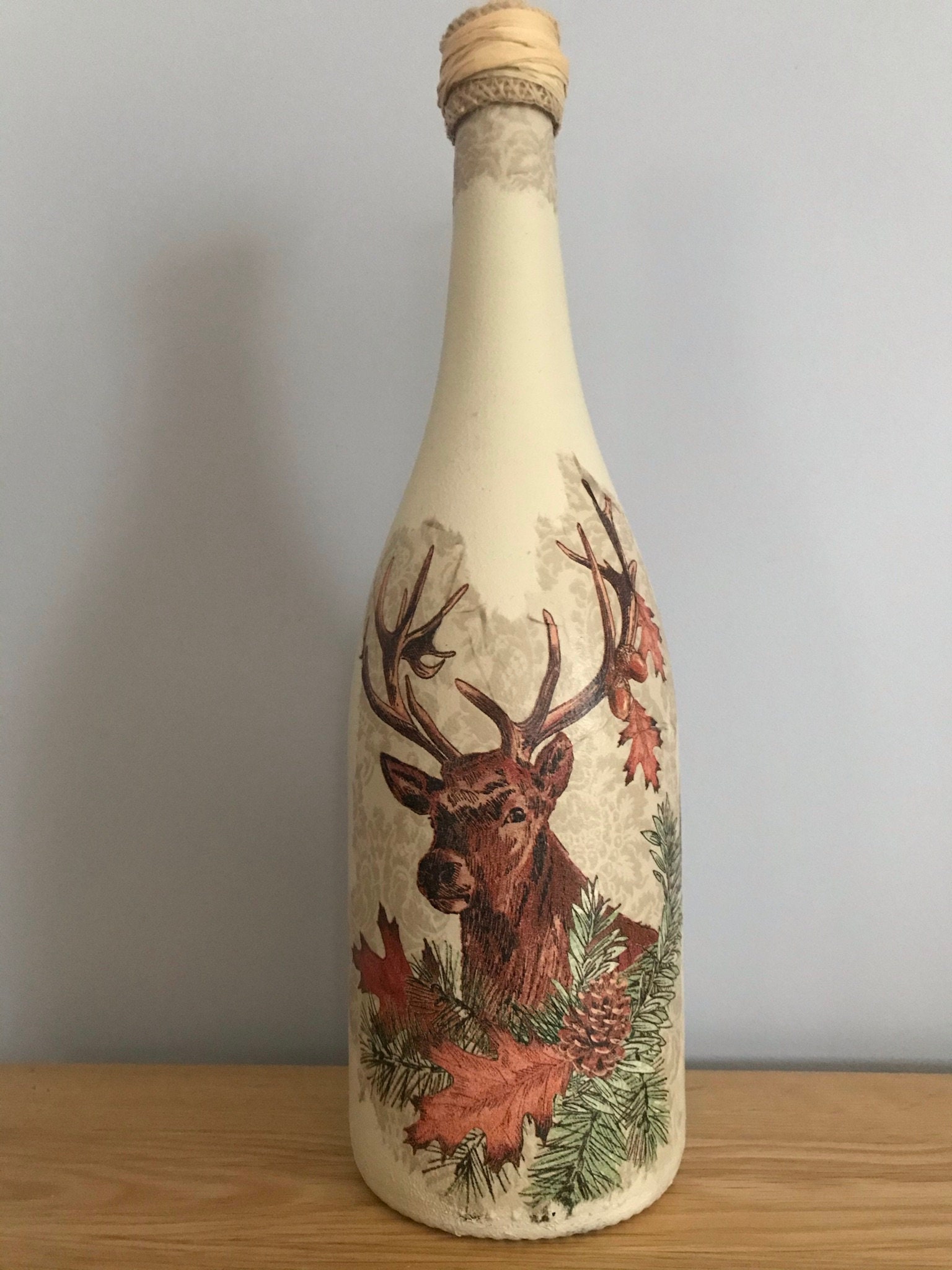 Decoupaged bottle stag design handmade painted bottle Etsy Decoupaged bottle stag design handmade painted bottle Etsy