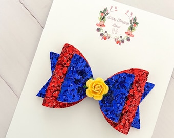 Princess inspired Snow White blue red glitter sparky hair bow, hair clips, headbands, toddler hair accessories