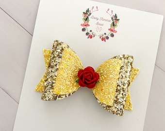 Princess inspired Belle beauty and the beast yellow gold red glitter sparky hair bow, hair clips, headbands, toddler hair accessories