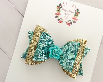 Princess inspired Jasmine Aladdin jade green gold glitter sparky hair bow, hair clips, headbands, toddler hair accessories