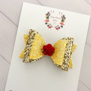Princess inspired Belle beauty and the beast yellow gold red glitter sparky hair bow, hair clips, headbands, toddler hair accessories
