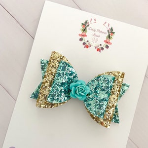 Prinzessin inspiriert Jasmine Aladin jade grün gold Glitter funkelnde Haarschleife, Haarspangen, Stirnbänder, Haarschmuck für Kleinkinder