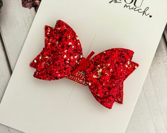 Christmas red gold star glitter merry Christmas charm sparkly hair bow, hair clips, headbands, toddler hair accessories