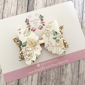 Cream floral gold green wedding scallop hair bow, baby girl hair bows, hair clips, headbands, toddler hair accessories