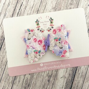 Unicorn floral pink lilac glitter sparkly scallop hair bow, hair clips, headbands, toddler hair accessories
