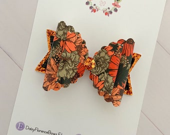 Autumn burnt orange floral glitter scallop hair bow, baby girl hair bows, hair clips, headbands, toddler hair accessories