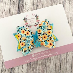 Aqua yellow floral charm glitter scallop hair bow, baby girl hair bows, hair clips, headbands, toddler hair accessories