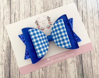 Royal blue gingham velvet glitter school bow, baby girl hair bows, hair hair clips, headbands, toddler hair accessories