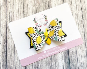 Lemons fruit abstract floral black yellow sparkly glitter cord scallop hair bow, hair clips, headbands, toddler hair accessories